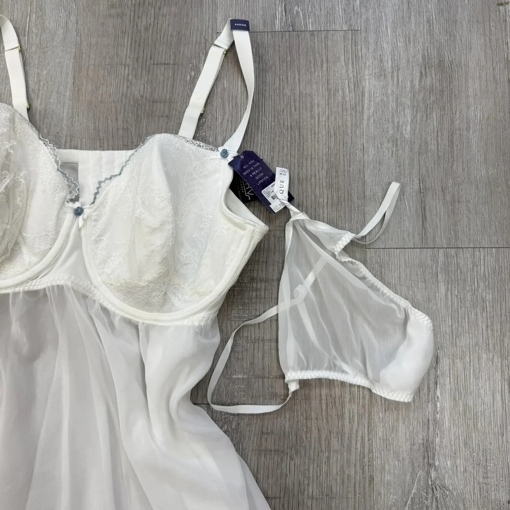 Cacique White Sheer Babydoll Top & G-String - New - Size 44DDD